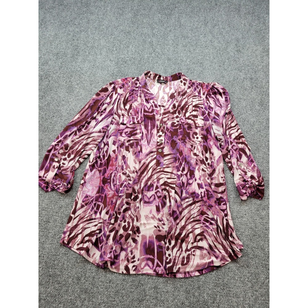 Cocomo Womens Purple Abstract Animal Print 3/4 Roll Tab Sleeve Henley Blouse